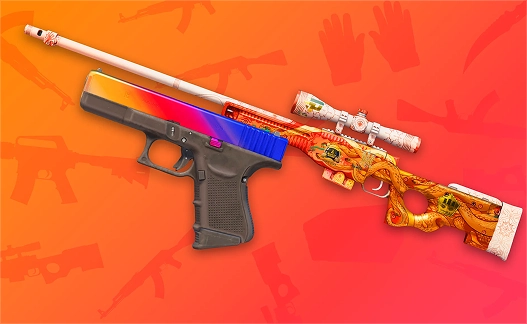 Gestileerde pistolen en geweren met heldere kleurverlopen, die de kleurrijke wapenaanpassingen in een competitieve shooter benadrukken