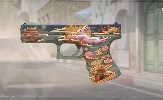 Zeer gedetailleerde pistoolskin met artistieke patronen en illustraties, die een creatieve wapenpersonalisatie in FPS-games weergeeft