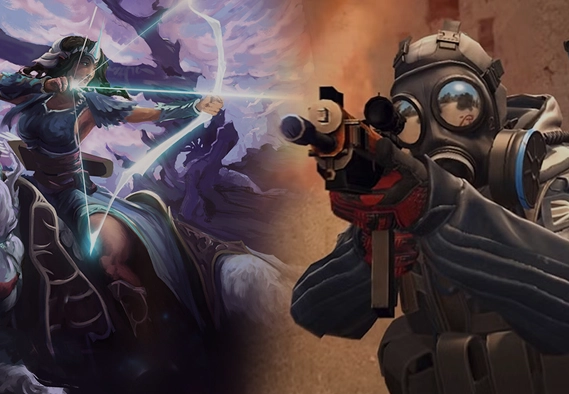 Een gesplitste afbeelding van een fantasieboogschutter met een gloeiende boog en een tactische soldaat die met een geweer richt, ter illustratie van het contrast tussen fantasie- en moderne schietspelstijlen