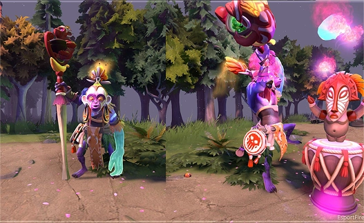 Fantasiespelpersonages met kleurrijke cosmetische items en effecten in een bosrijke omgeving, waarmee de personageaanpassingsmogelijkheden in een multiplayerspel worden getoond