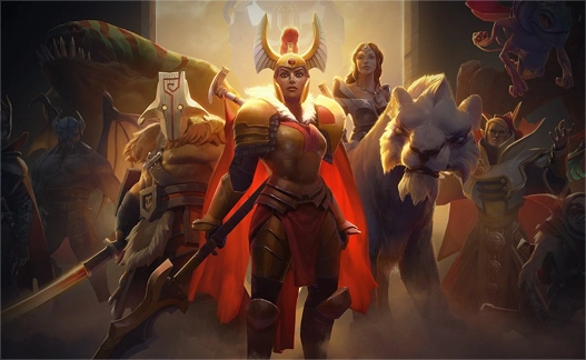 Een groep fantasiehelden in harnassen, met wapens en magische elementen, die een epische gevechtsscène uit een rollenspel- of strategiespel uitbeelden