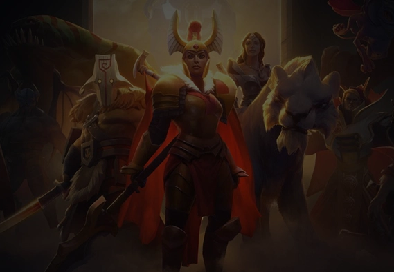 Een groep fantasiehelden in harnassen, met wapens en magische elementen, die een epische gevechtsscène uit een rollenspel- of strategiespel uitbeelden