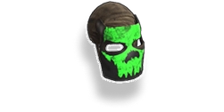 Metalen masker met een gloeiend groen doodshoofdmotief, een opvallend accessoire voor je personage in een survivalgame